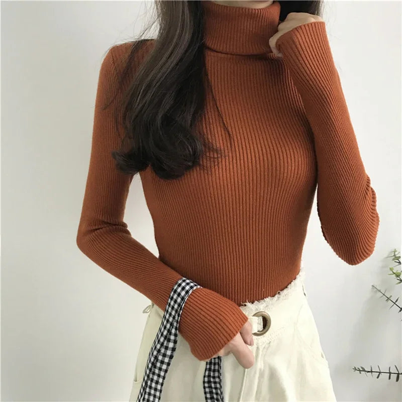 Pull épais tricoté côtelé pour Femme, Pull à manches longues, col roulé, Slim, doux et chaud, collection automne hiver 2024
