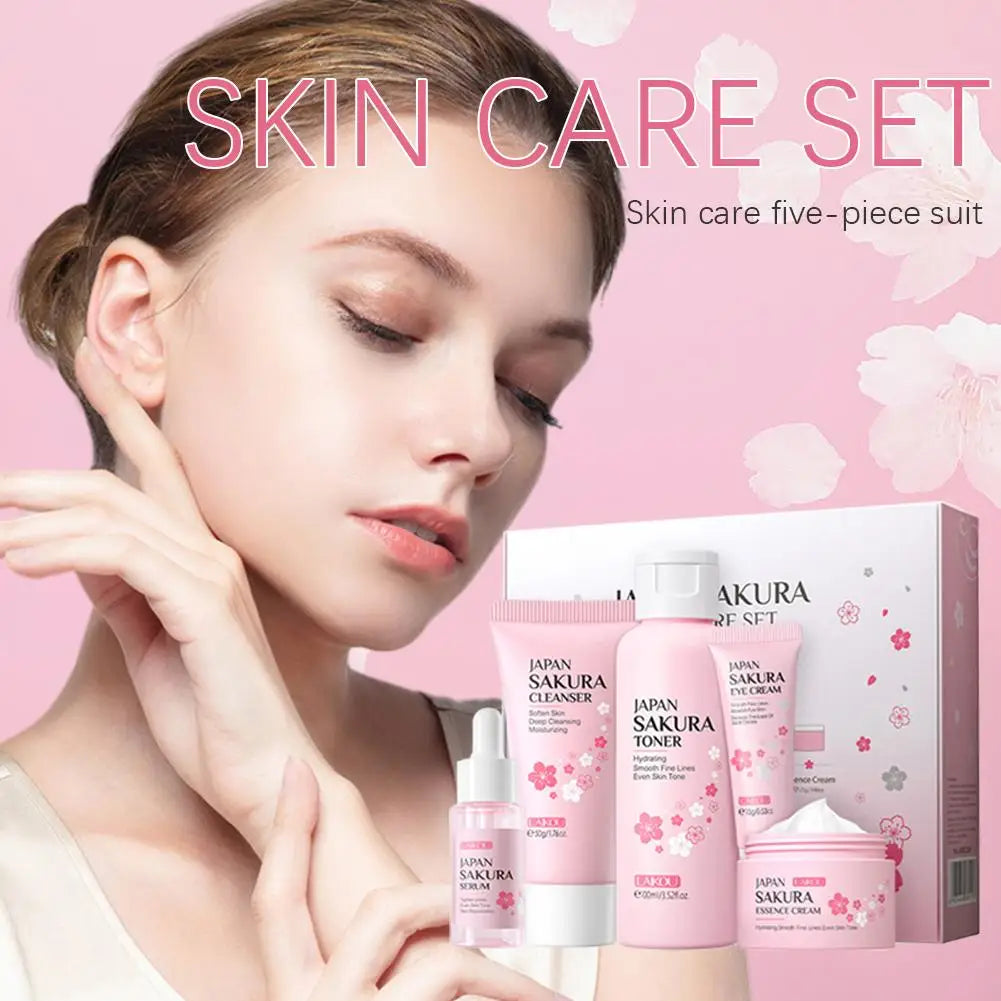 Coffret cadeau Sakura pour le soin du visage (5/3 pièces) : crème, sérum, lotion tonique, nettoyant visage, protection solaire, contour des yeux