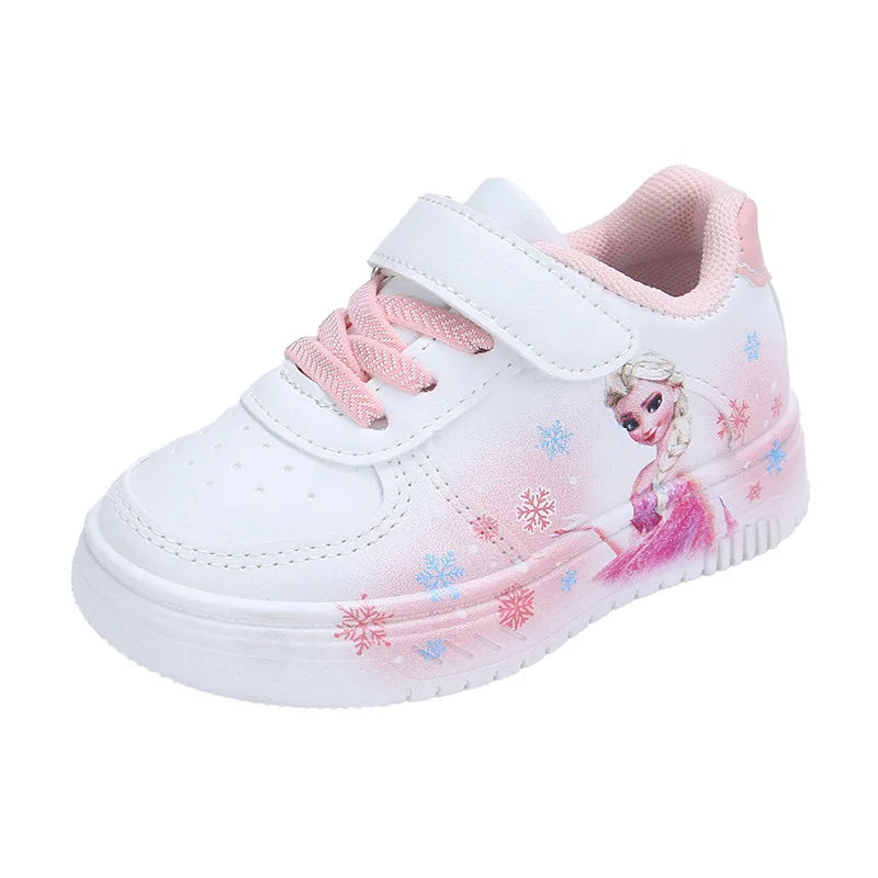 Chaussures blanches Disney pour filles, en cuir PU, motif princesse Elsa de La Reine des Neiges, chaussures de sport plates imperméables pour bébé fille, pointure