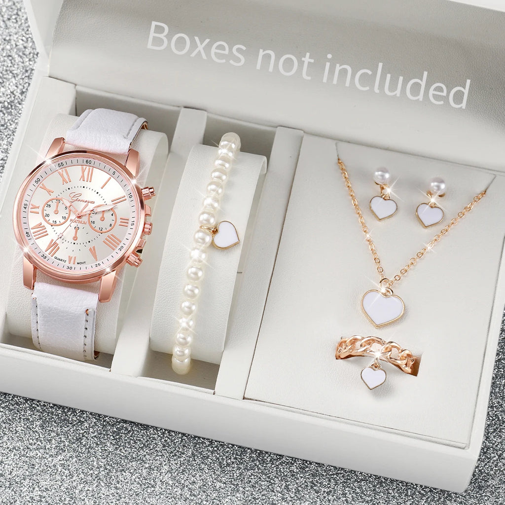 Ensemble de 5 montres pour femmes, style Genève, avec bracelet en cuir décontracté et strass en forme de cœur (sans boîte)