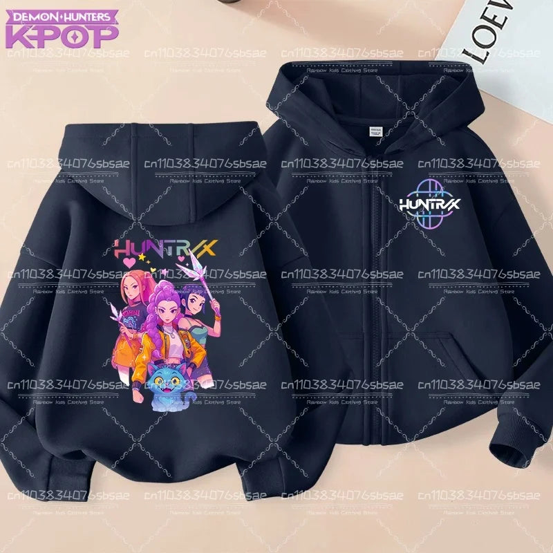 Pull à capuche K-pop Demon Hunters pour enfants, style anime, veste zippée tendance, garçon/fille, printemps/automne
