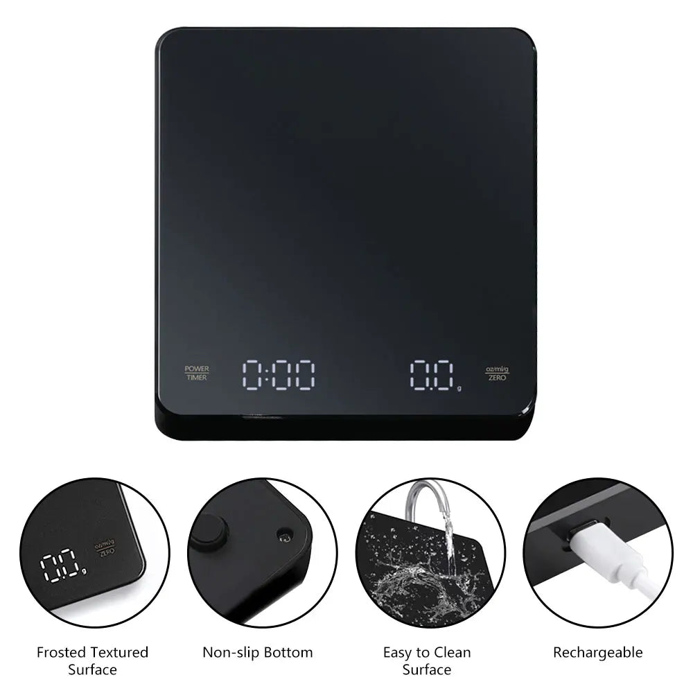Balance de cuisine numérique avec minuteur, écran LED, port USB, capacité maximale de 3 kg, précision de pesée de 0,1 g, mesures en oz/ml/g.