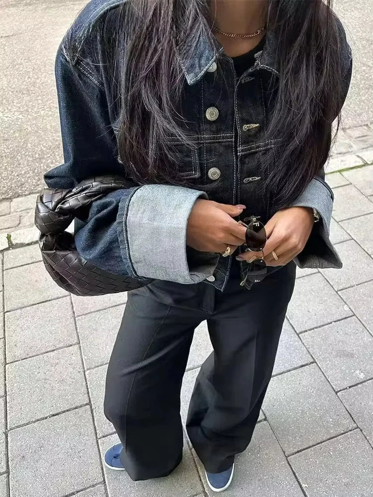 HH femmes mode Denim ensemble décontracté revers à manches longues veste courte boutons femme Vintage jambe large jean ample pantalons longs