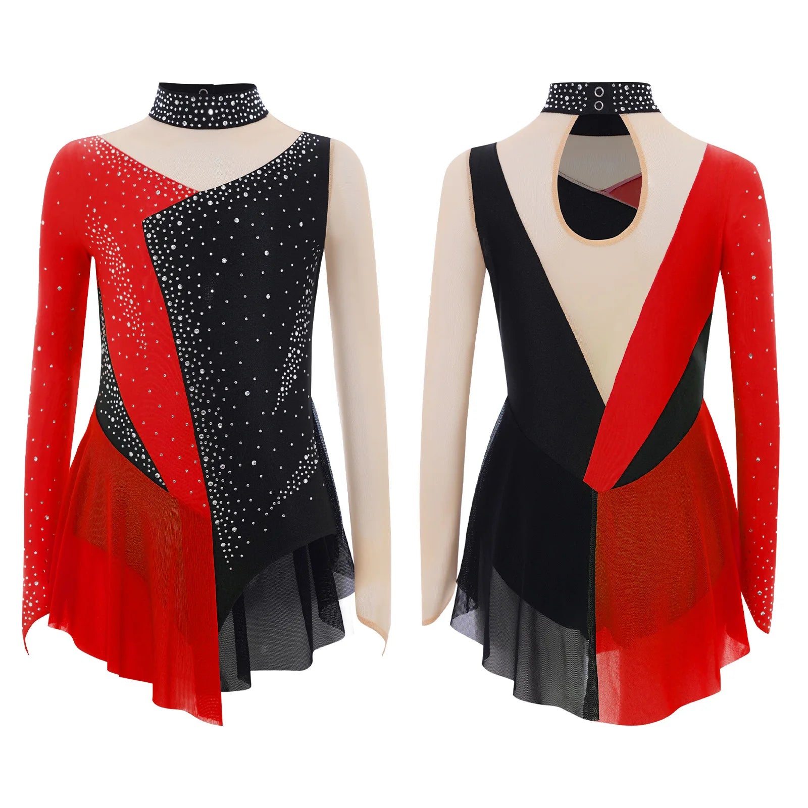 Robe de patinage artistique pour enfants filles, manches longues, strass, maille transparente, body de gymnastique, danse lyrique, Ballet, acrobatie, justaucorps