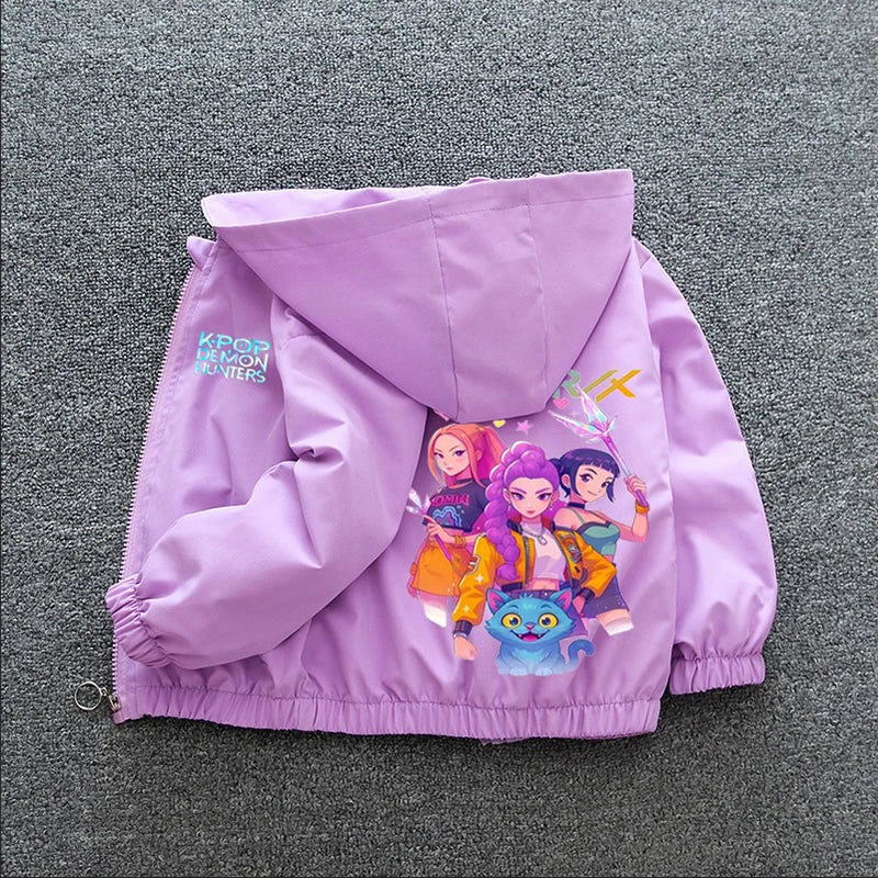 K-pop Demon Hunters 2026 Manteau coupe-vent printemps-automne pour enfants et adolescentes, imprimé dessin animé, veste à capuche imperméable