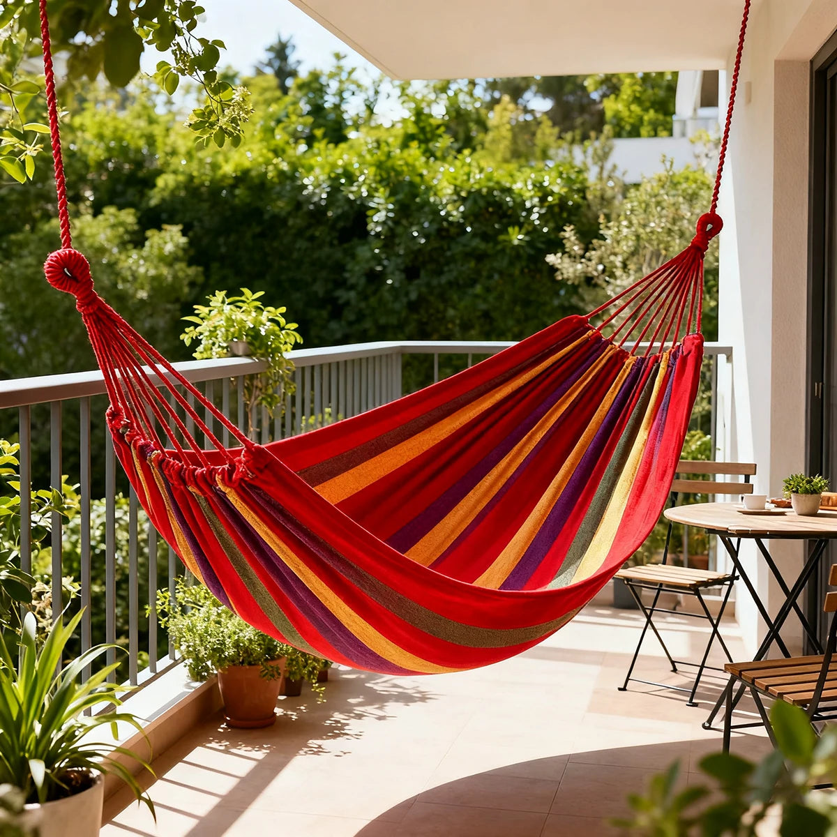 Hamac double pour 2 personnes en toile de coton avec sangles pour arbres, pour terrasse, jardin, cour, extérieur et intérieur (rouge, bleu)