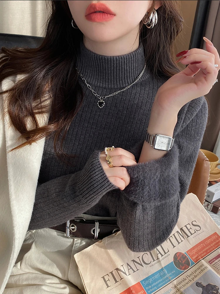 Pull à col roulé pour femme, rétro, avec doublure en velours, vêtements intérieurs épais, tricot thermique, chemise à bascule, collection hiver 2025
