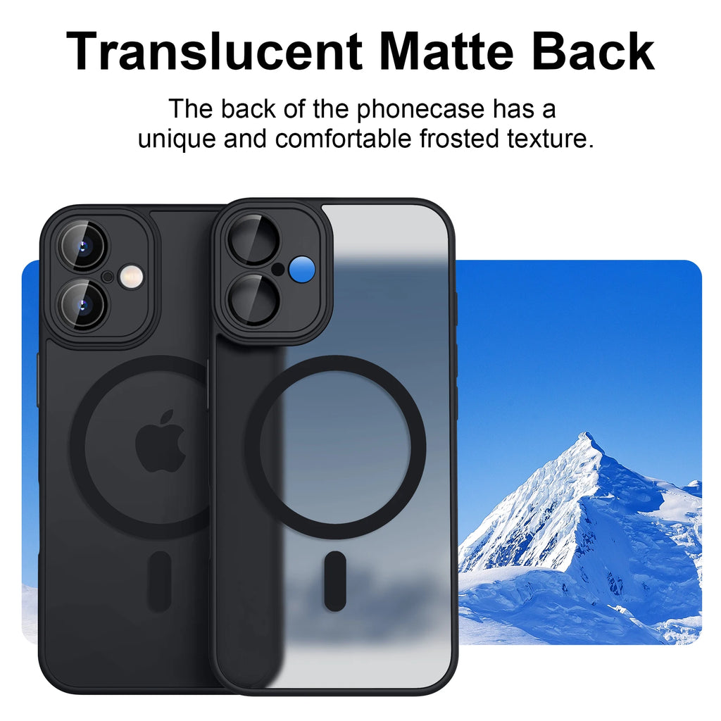 Coque magnétique mate translucide de luxe antichoc pour iPhone 11 12 13 14 15 16 compatible avec la charge sans fil MagSafe