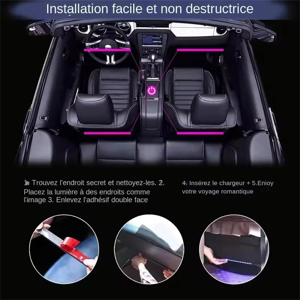 Bande LED néon 48 LED RGB pour éclairage d'ambiance au sol de voiture, avec port USB/prise allume-cigare et télécommande