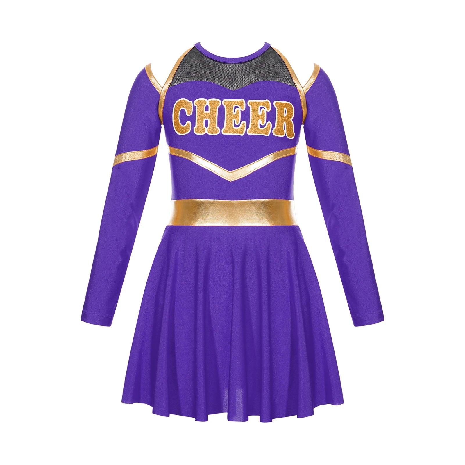 Costume de pom-pom girl pour filles, uniforme de pom-pom girl, tenue de danse scolaire, épaules dénudées, manches longues, robe de danse avec accessoires