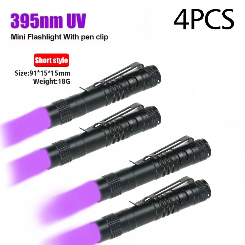 Lampe de poche UV 395nm, torche ultraviolette avec pince à stylo, piles AAA portables utilisées, lumière violette, détecteur d'urine d'animaux domestiques, lampe UV