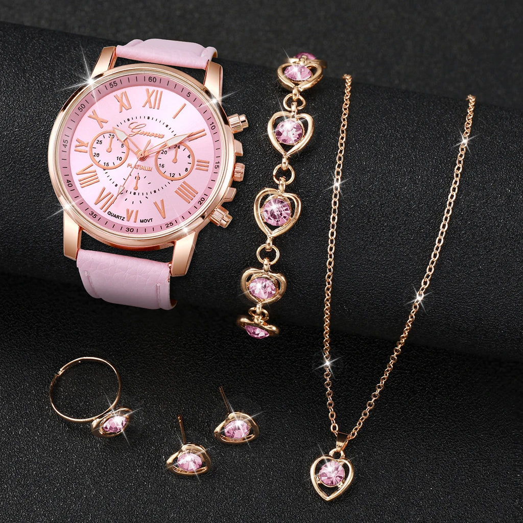 Ensemble de 5 montres pour femmes, style Genève, avec bracelet en cuir décontracté et strass en forme de cœur (sans boîte)