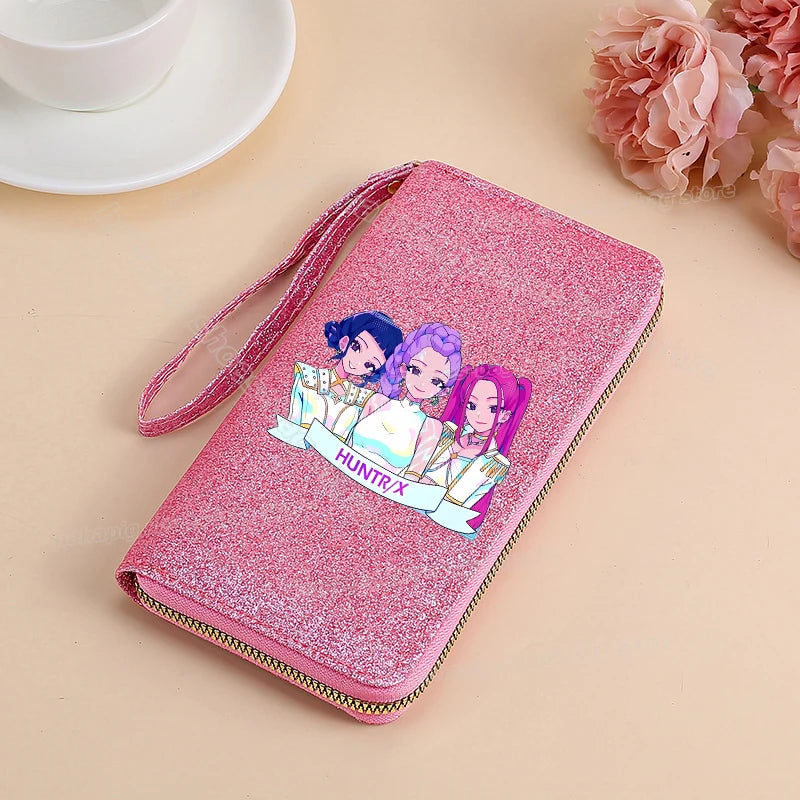 Portefeuille long KPop Demon Hunters pour femmes, à paillettes et fermeture éclair, en cuir PU, porte-monnaie, porte-cartes d'identité, pochette pour femme
