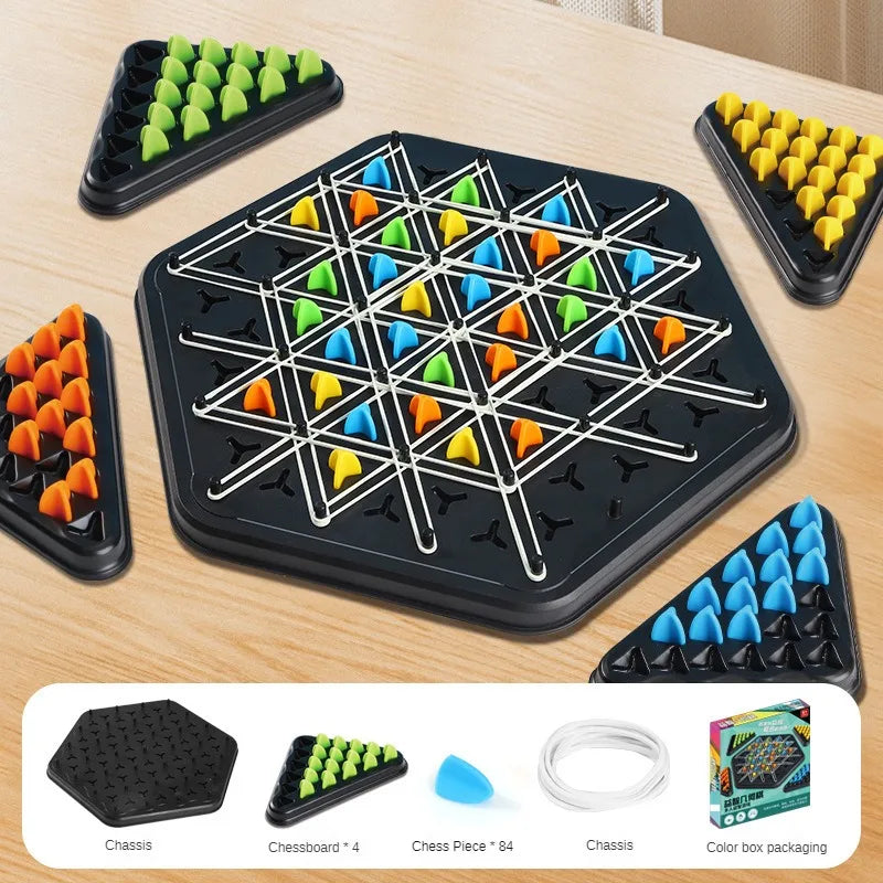 Nouveau jeu d'échecs géométrique en chaîne, puzzle d'échecs triangulaire, jeu de bureau avec élastique, exercice d'interaction familiale, jouet de réflexion, cadeau
