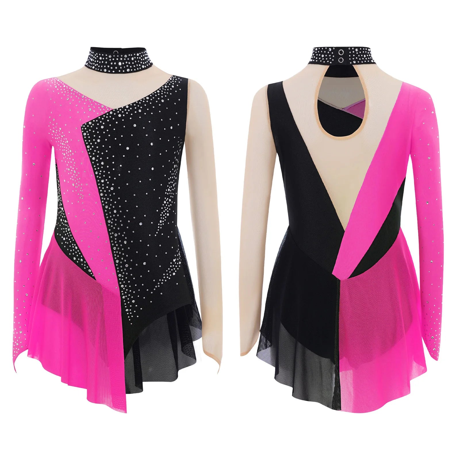 Robe de patinage artistique pour enfants filles, manches longues, strass, maille transparente, body de gymnastique, danse lyrique, Ballet, acrobatie, justaucorps