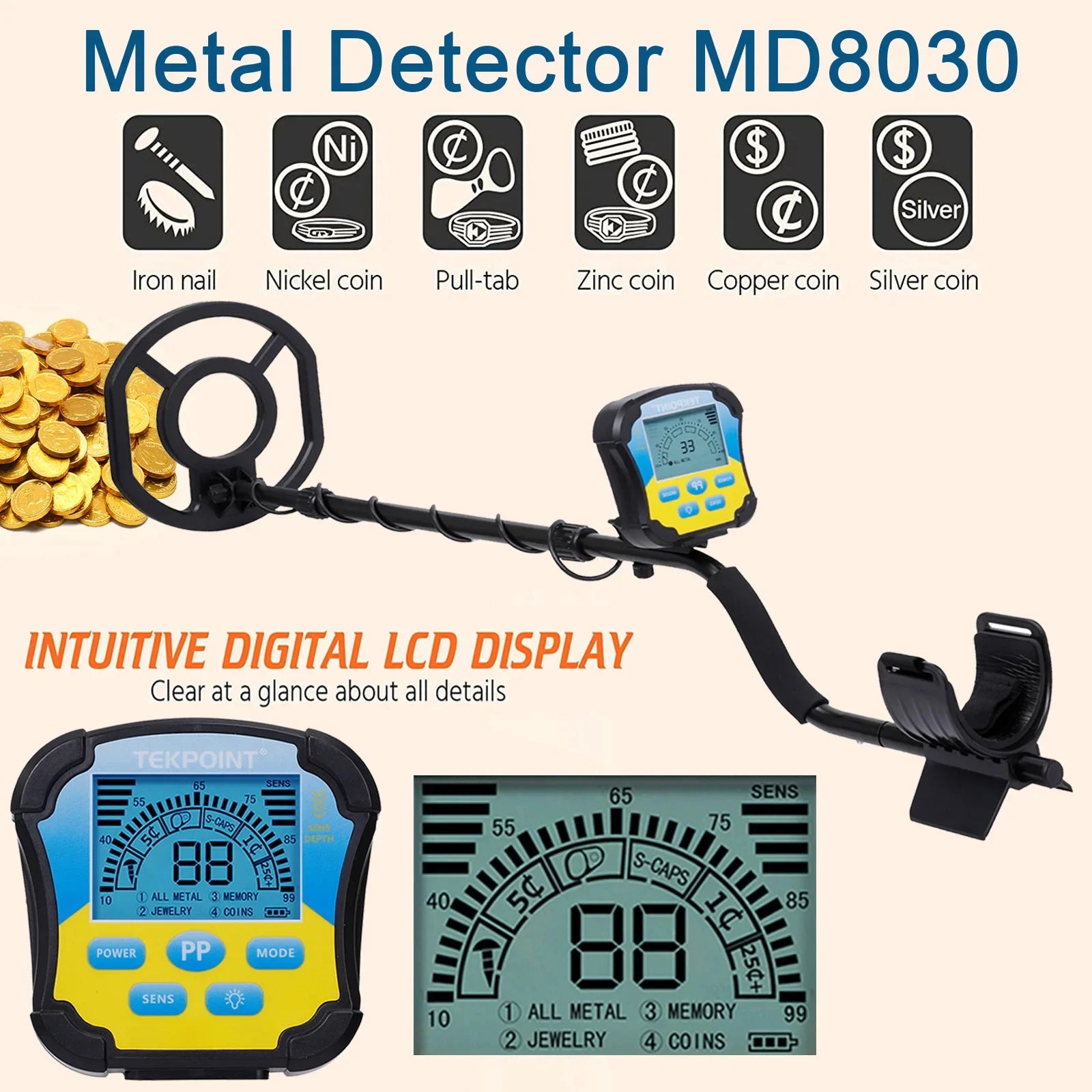 Détecteur de métaux souterrain MD8030, haute sensibilité, pour la recherche d'or et de trésors, profondeur de recherche jusqu'à 2,5 m, bobine de recherche étanche