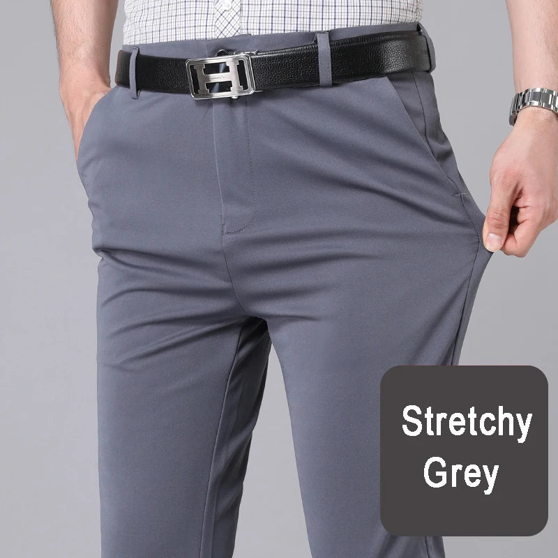 Pantalon homme stretch noir uni, coupe droite, style coréen, séchage rapide, idéal pour le bureau ou le printemps/automne