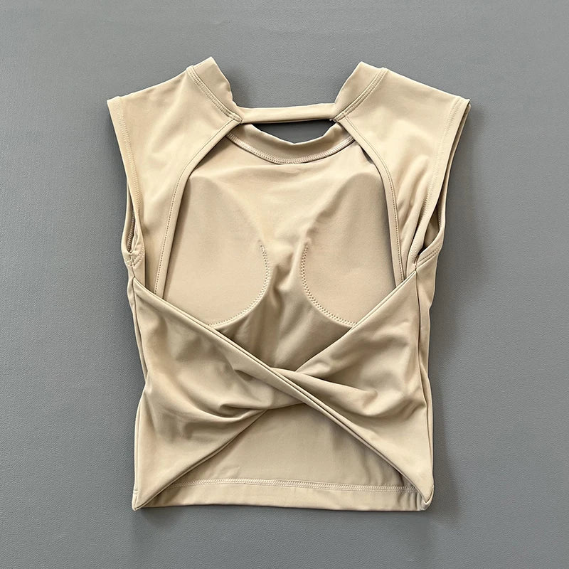 T-shirt de sport court, dos nu, avec coussinet de poitrine fixe, gilet moulant pour femmes, haut de yoga sans manches à séchage rapide