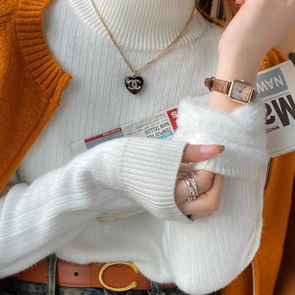 Pull à col roulé pour femme, rétro, avec doublure en velours, vêtements intérieurs épais, tricot thermique, chemise à bascule, collection hiver 2025