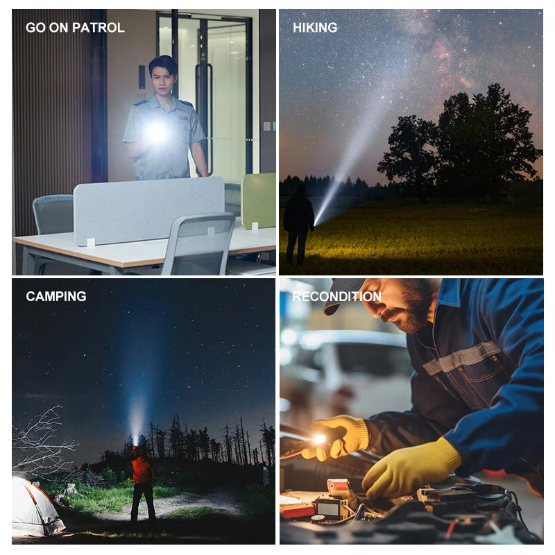Lampe torche LED pour Camping, haute puissance, Rechargeable, USB, lanterne Zoom, batterie intégrée, étanche, pour la pêche en plein air