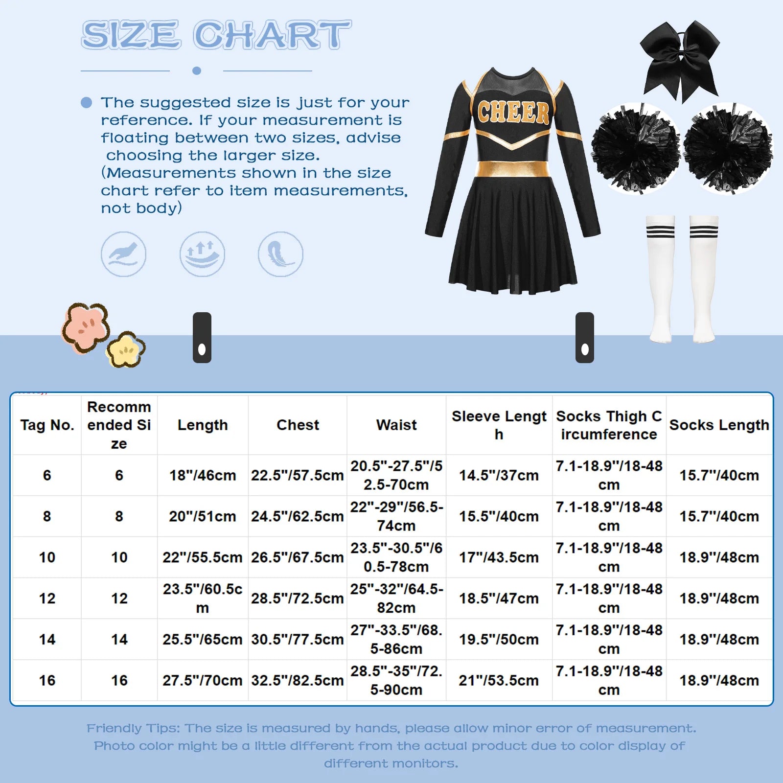 Costume de pom-pom girl pour filles, uniforme de pom-pom girl, tenue de danse scolaire, épaules dénudées, manches longues, robe de danse avec accessoires