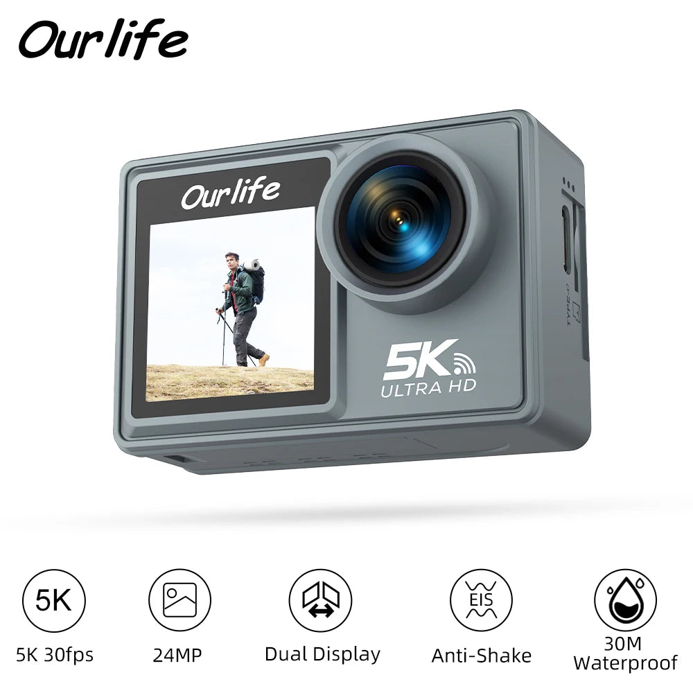 Caméra d'action Ourlife MTR40 5K 2.0 "écran tactile IPS 5X Zoom caméra d'action WiFi EIS 170 ° 30M caméra de sport professionnelle étanche