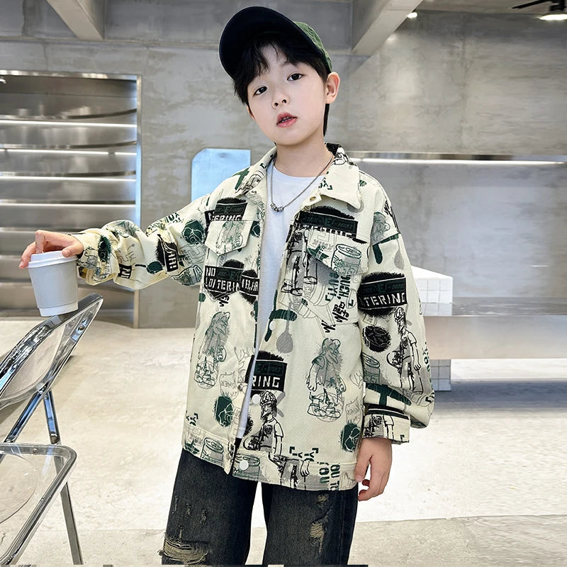 Veste en jean beige tendance printemps-automne pour enfant, dessins pour adolescents, style streetwear, taille 5-14 ans
