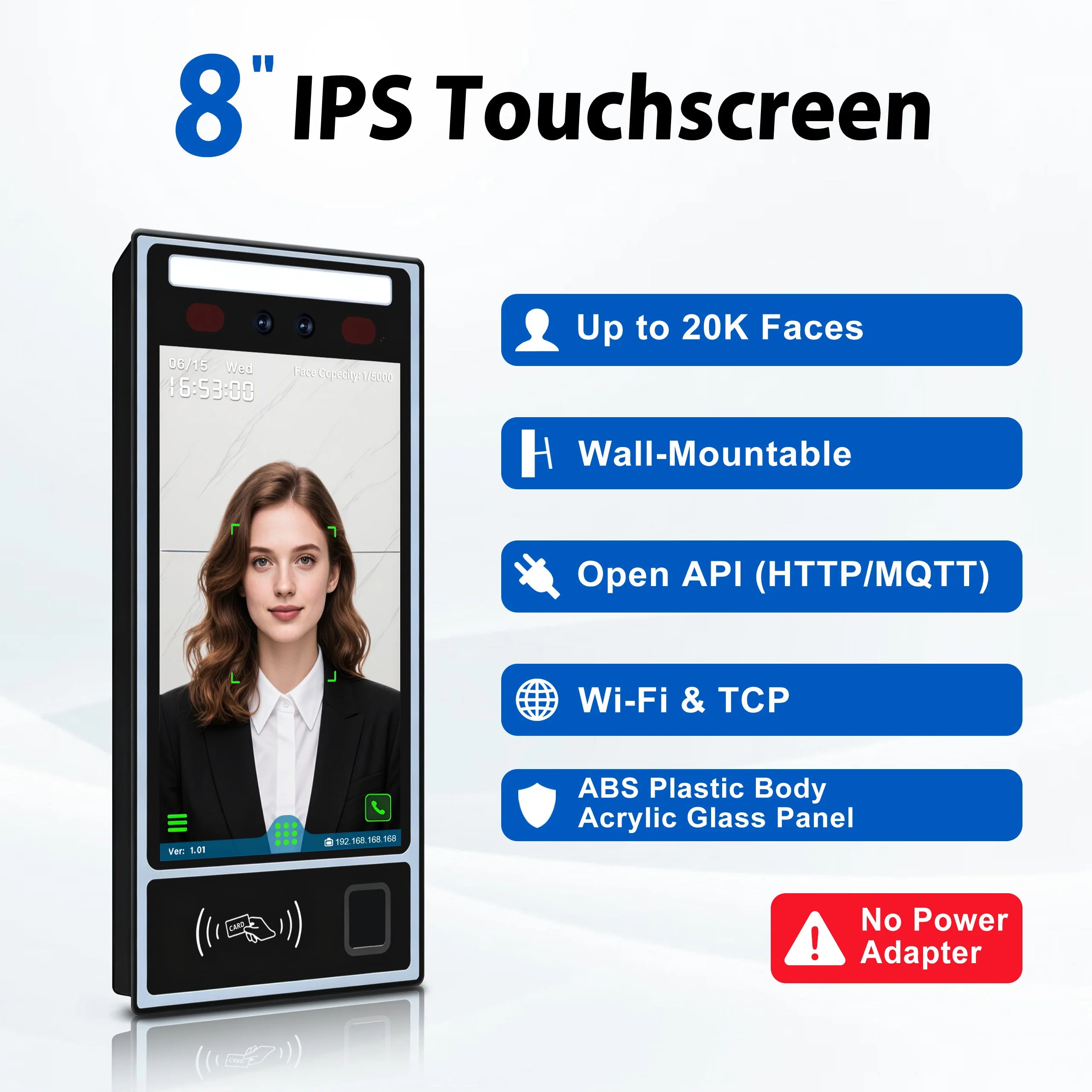 Terminal de contrôle d'accès et de présence multi-biométrique 8 pouces - Reconnaissance faciale, empreinte digitale et veine palmaire, Wi-Fi 4G TCP/IP