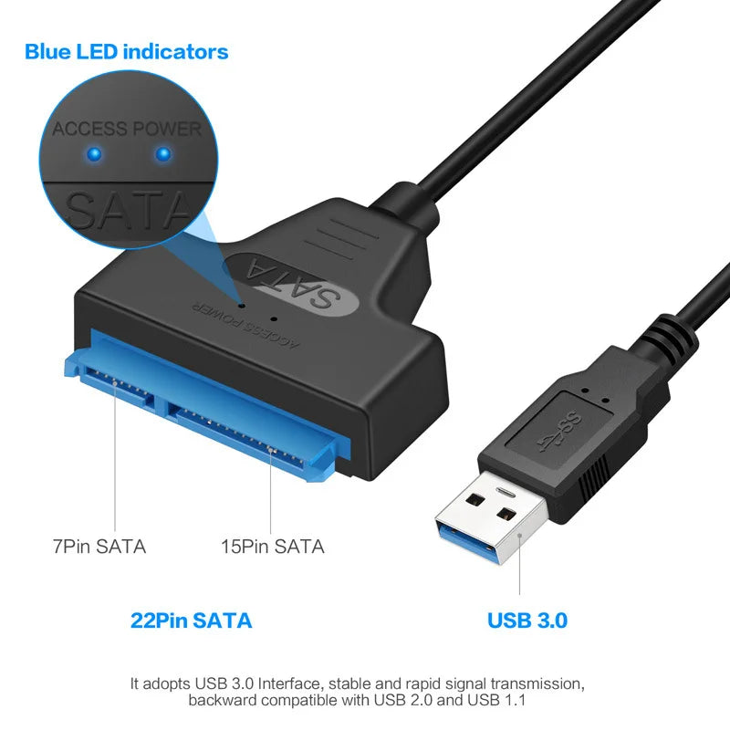 Câble SATA vers USB 3.0/2.0 jusqu'à 6 Gbit/s pour disque dur externe SSD de 2,5 pouces, adaptateur SATA 3 22 broches, cordon USB 3.0 vers Sata III