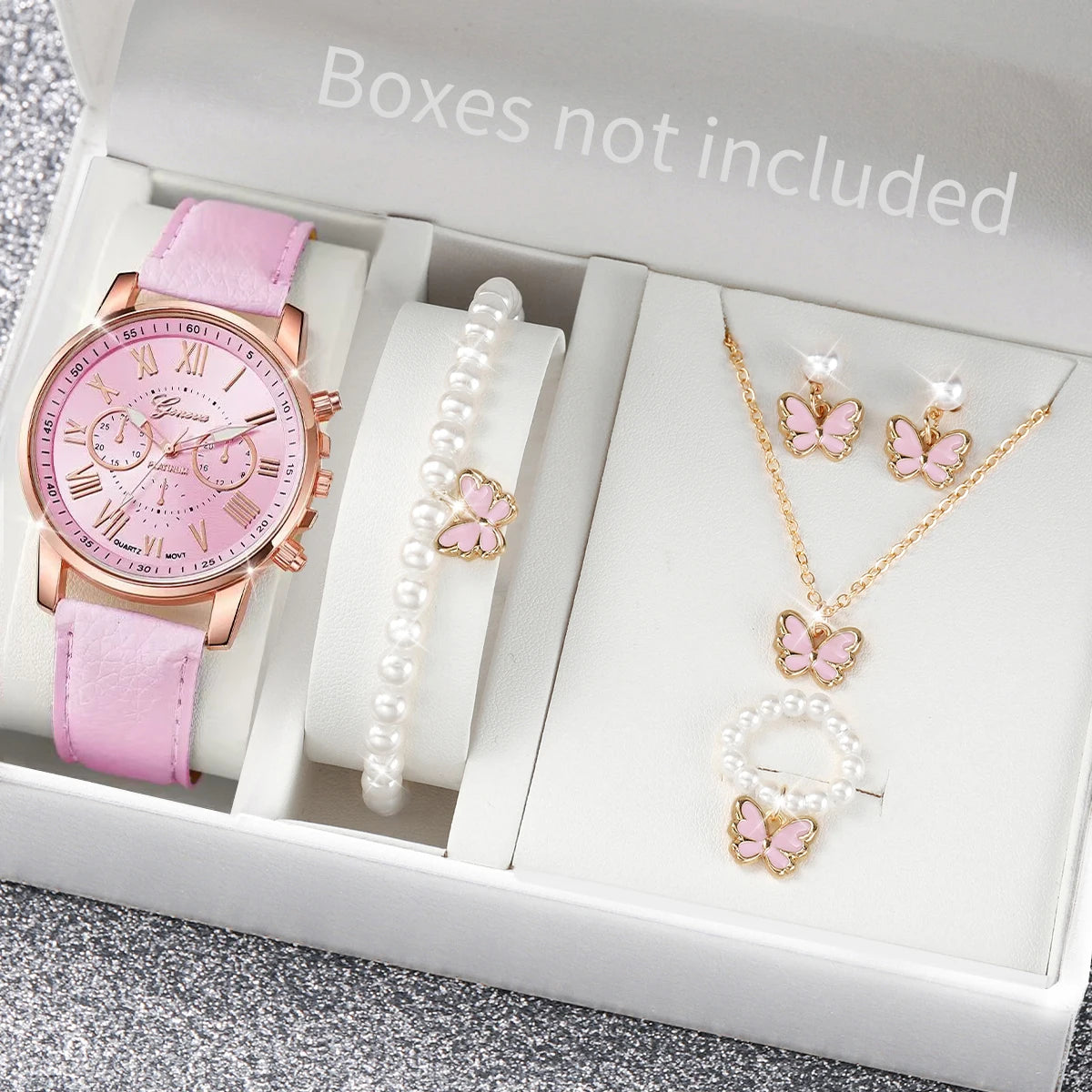 Ensemble de 5 montres pour femmes, style Genève, avec bracelet en cuir décontracté et strass en forme de cœur (sans boîte)