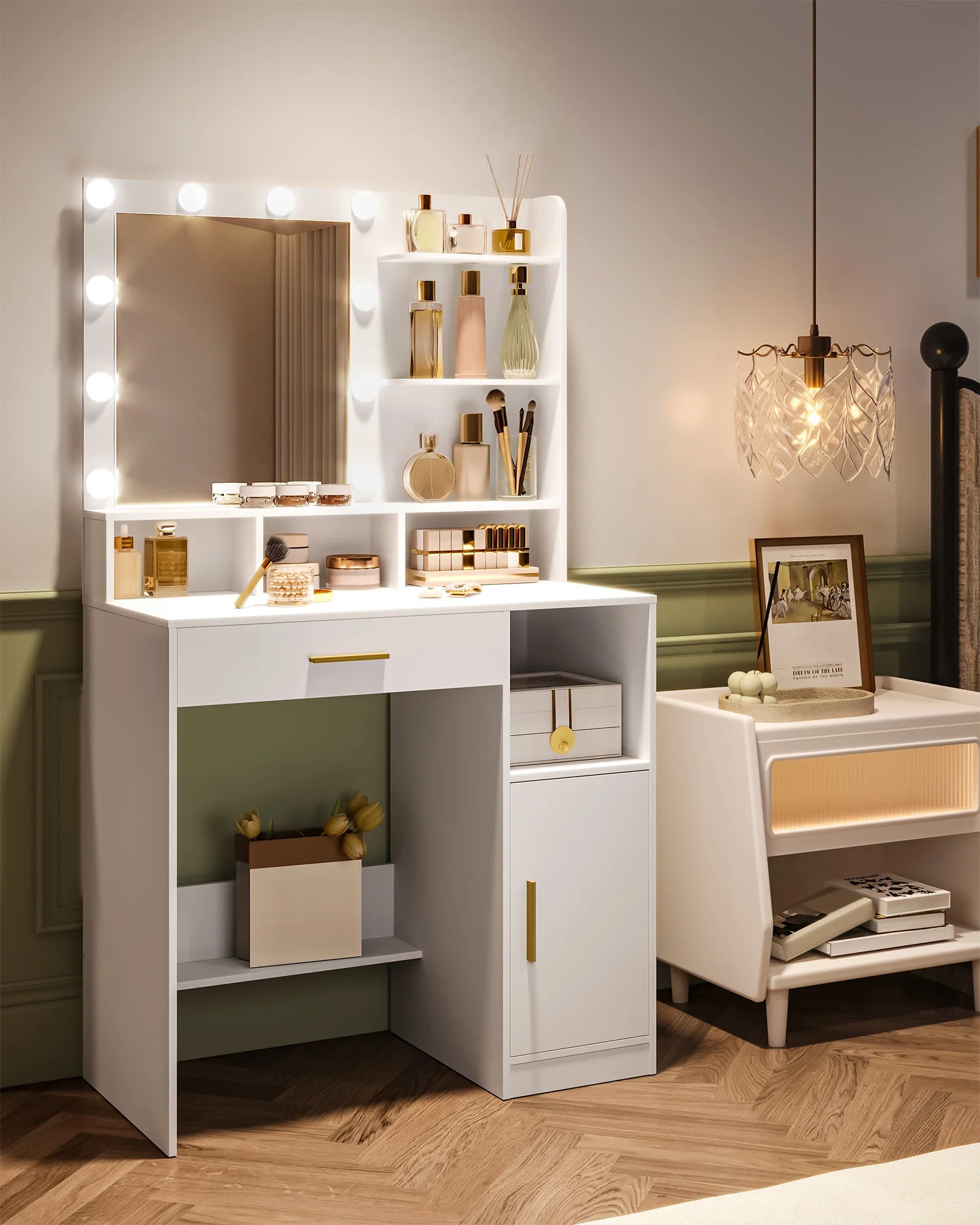 Coiffeuse Hzuaneri avec miroir et 10 lumières LED, meuble-lavabo avec 3 étagères et 4 compartiments ouverts, et grand tiroir
