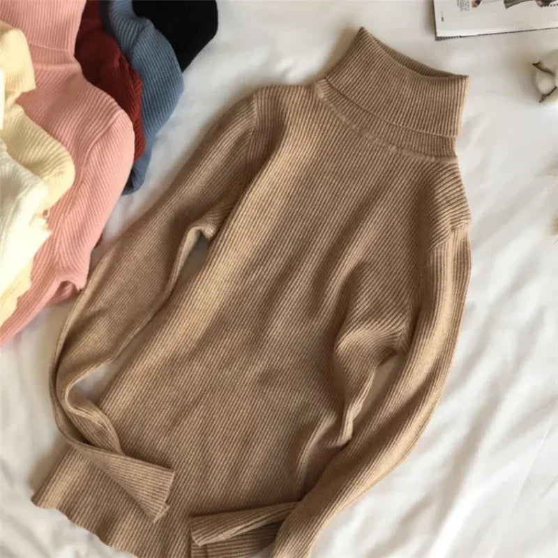 Pull épais tricoté côtelé pour Femme, Pull à manches longues, col roulé, Slim, doux et chaud, collection automne hiver 2024