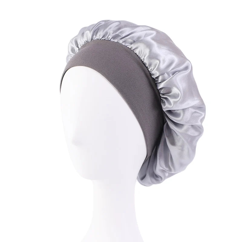 Bonnets solides en Satin pour femmes, Bonnet de bain à larges bords pour dormir la nuit, unisexe, bandeau élastique, Bonnet de soins capillaires