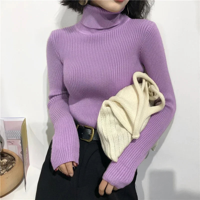 Pull épais tricoté côtelé pour Femme, Pull à manches longues, col roulé, Slim, doux et chaud, collection automne hiver 2024