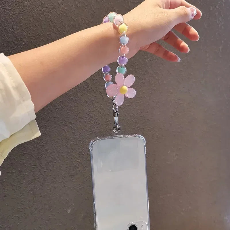 Lanière de téléphone Anti-perte pour clé, pendentif de poignet court, Macaron coloré, perle ronde, chaîne à main pour femmes, lanière de téléphone portable