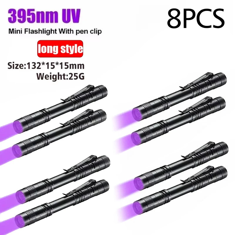 Lampe de poche UV 395nm, torche ultraviolette avec pince à stylo, piles AAA portables utilisées, lumière violette, détecteur d'urine d'animaux domestiques, lampe UV