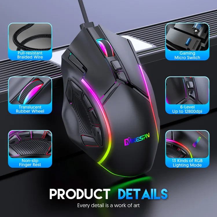 Souris gaming 12800 DPI sans poids, macro RGB, 12 touches programmables, éclairage RGB jusqu'à 6 niveaux, compatible PC, Mac, PC portable et PUBG.