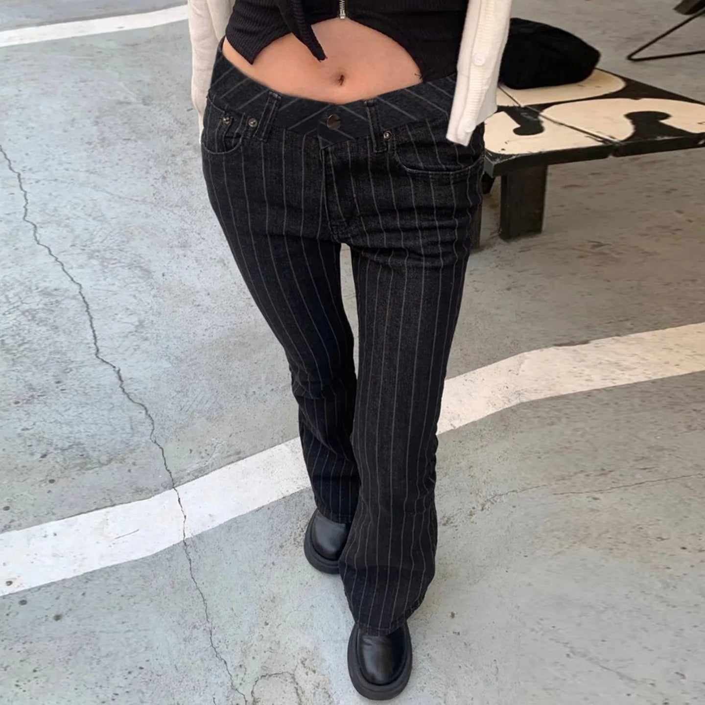 Jean taille basse pour femme, vêtement des années 2000, coupe botte, décontracté, rayé noir, pantalon en Denim, Streetwear, pantalon évasé, P77-DD25