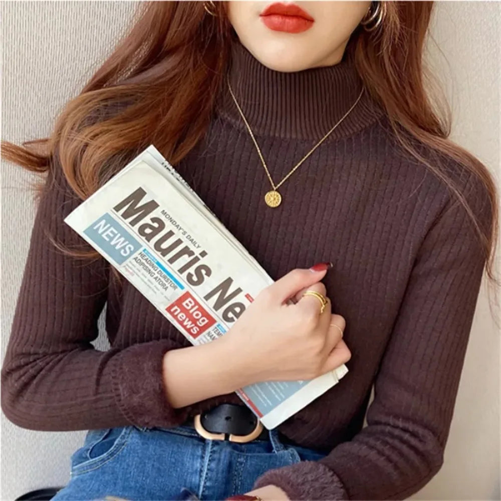 Pull à col roulé pour femme, rétro, avec doublure en velours, vêtements intérieurs épais, tricot thermique, chemise à bascule, collection hiver 2025