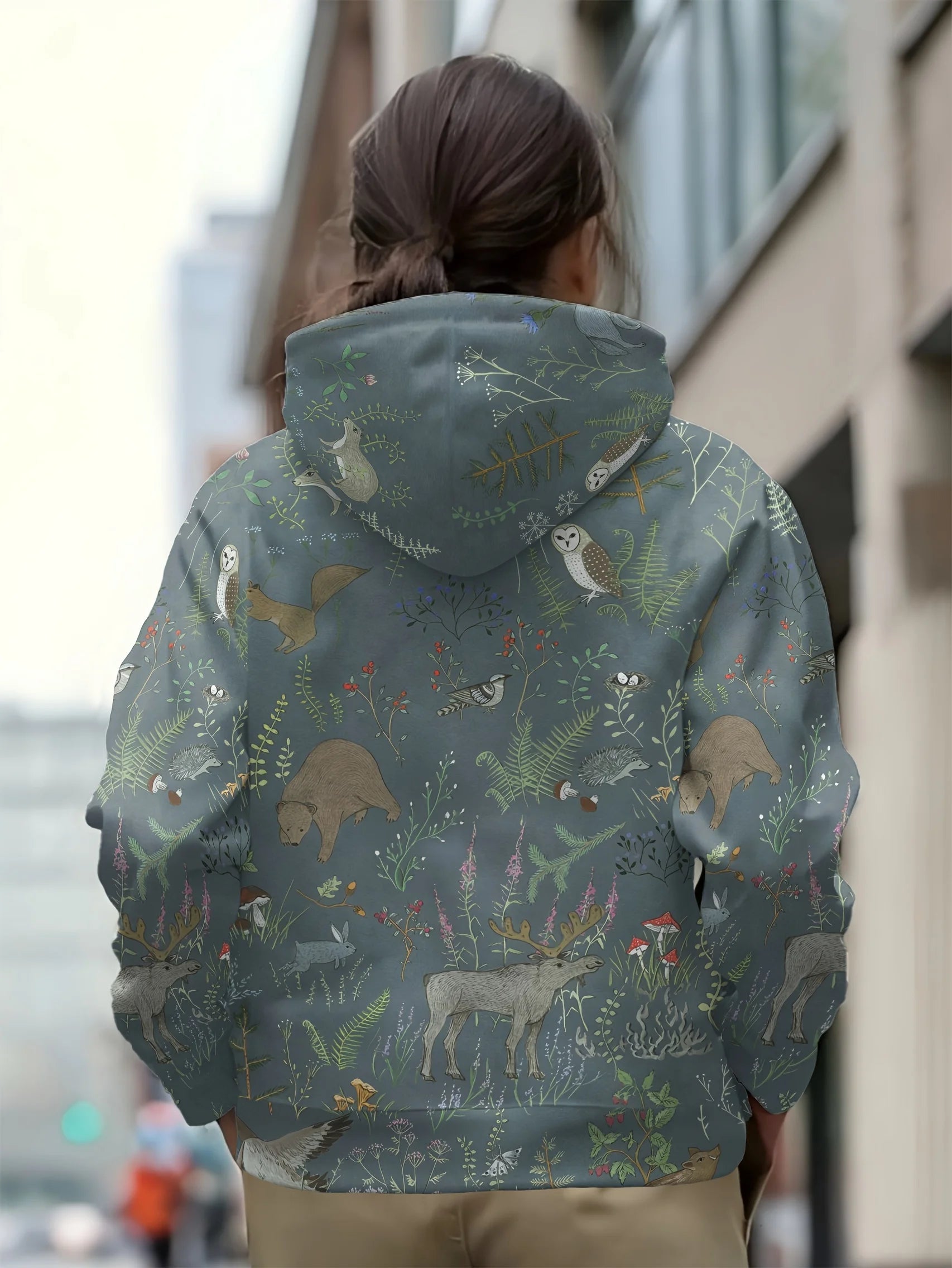 Sweat à capuche pour homme avec imprimé scène naturelle de forêt, motif animal et végétal, manches longues, haut décontracté à la mode pour le quotidien