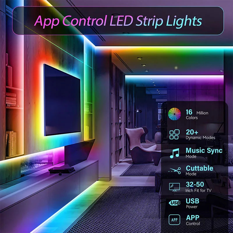 Bluetooth LED Strip Lights Smart SMD 5050 APP Remote Control Flexible Ribbon Diode Lamp Tape TV Backlights Game Room Home Decor