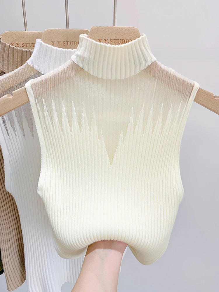 Maille Haut Tricoté Femmes Y2K Débardeur Demi-Cou Gilet Femme Pull Sans Manches Chic Découpé Streetwear Solide Skinny Bustier Tubulaire