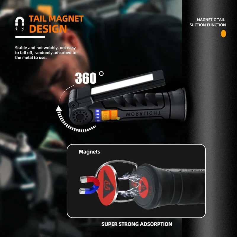 Lampe torche LED COB portable rechargeable par USB, lanterne magnétique suspendue avec batterie intégrée, lampe torche de camping