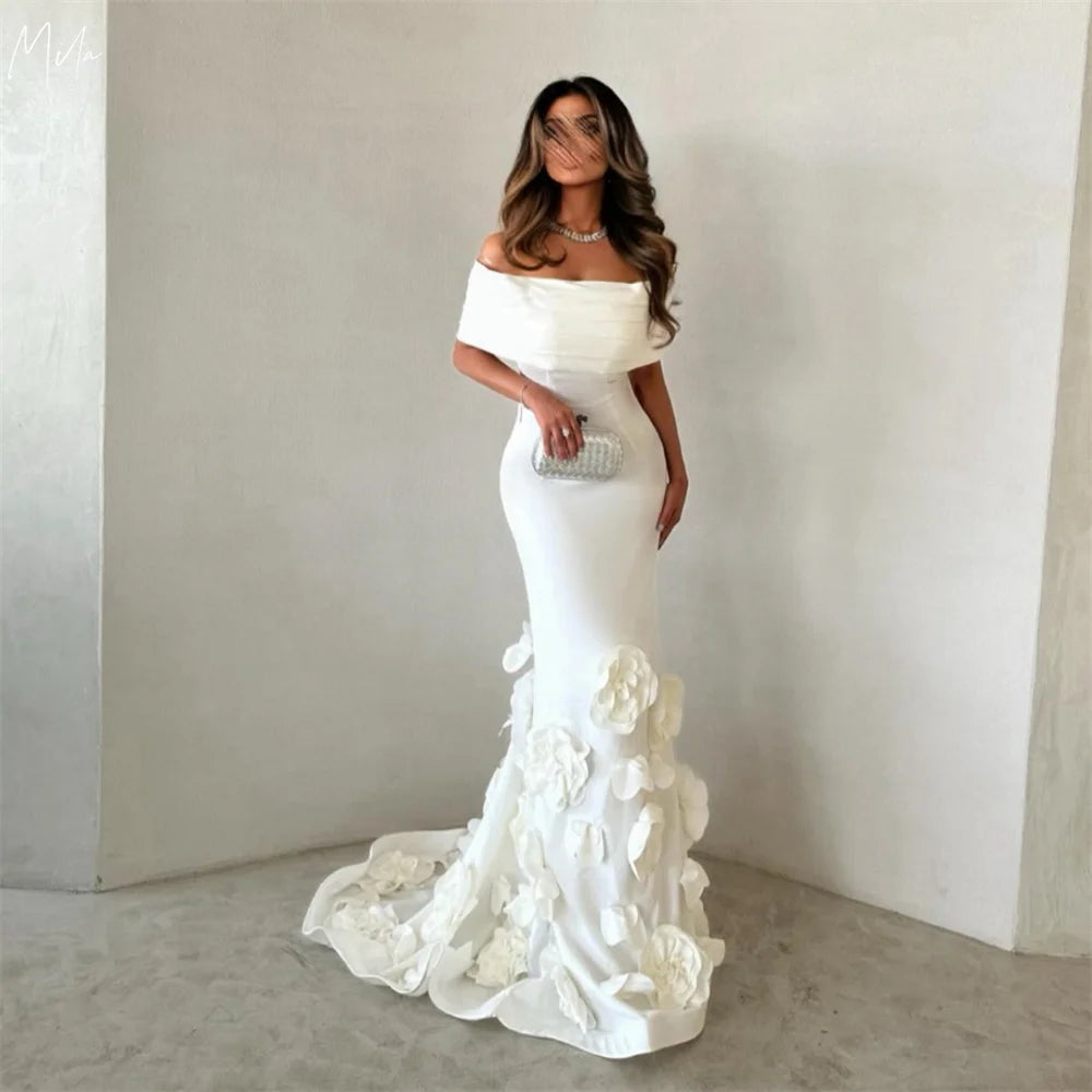 Robe de bal sirène sexy à épaules dénudées Mila, personnalisée, ornée de fleurs 3D et d'une traîne courte, longueur au sol, collection 2025