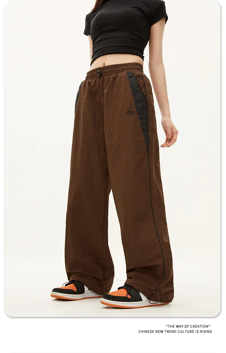 Pantalon rétro pour femmes, couleur unie, ample, cordon de serrage, jogging décontracté, Baggy, jambes larges, survêtement, taille moyenne, vêtements sportifs Y2k, printemps