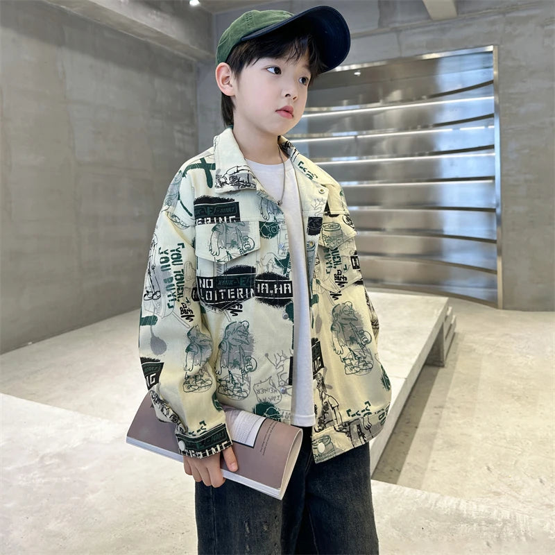 Veste en jean beige tendance printemps-automne pour enfant, dessins pour adolescents, style streetwear, taille 5-14 ans
