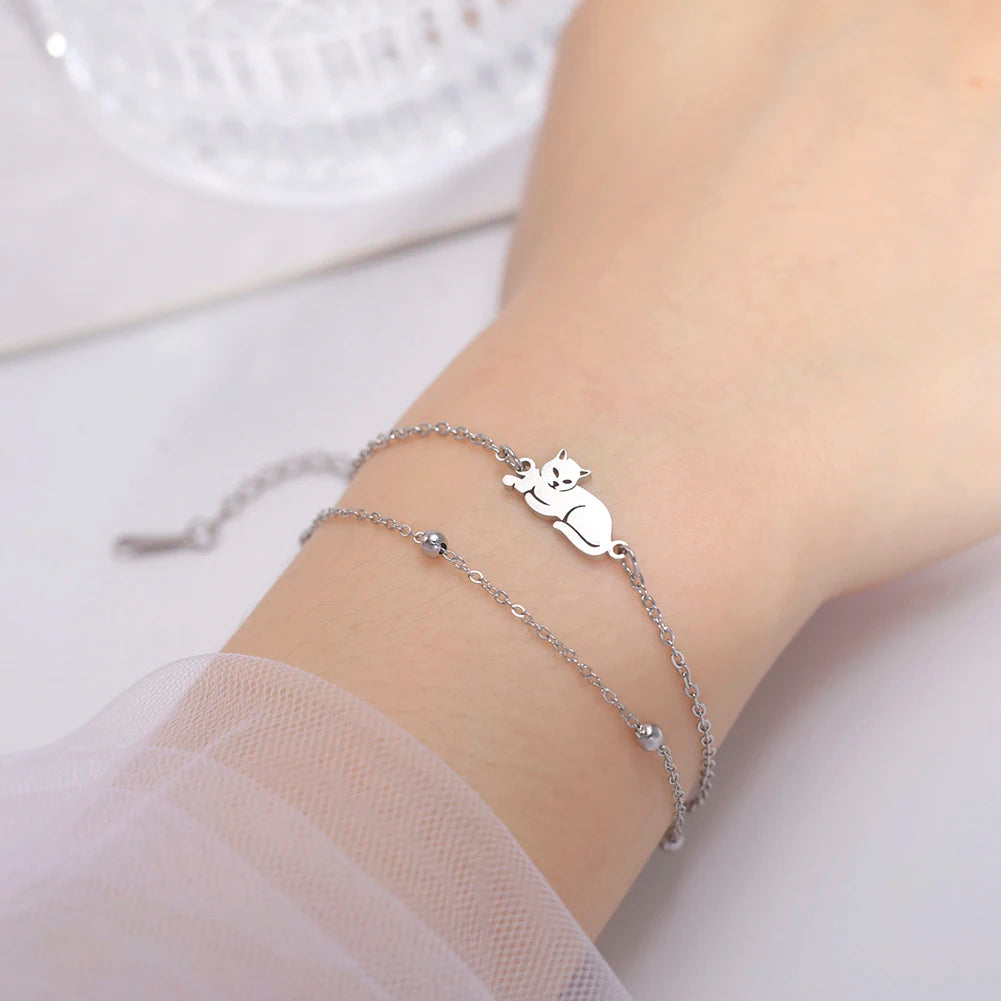 Bracelet Lucktune Chat Mignon en Acier Inoxydable avec Pendentif Animal et Chaîne à Perles - Bijou Tendance Kpop pour Femmes et Hommes - Cadeau Couple