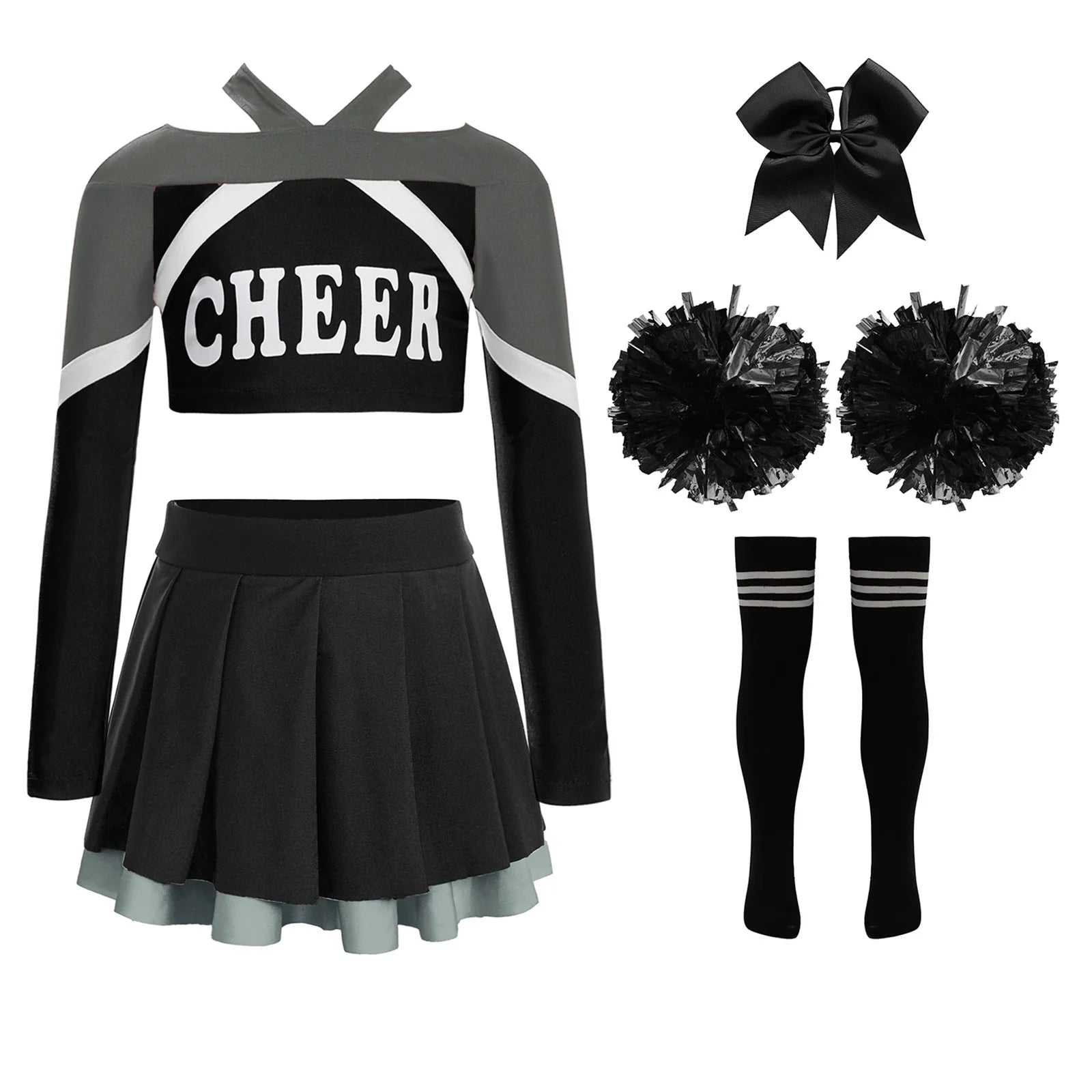 Uniformes de pom-pom girl pour enfants filles, 4 pièces, tenue de danse à l'école, paillettes brillantes, robe à épaules dénudées, déguisement de pom-pom girl de carnaval