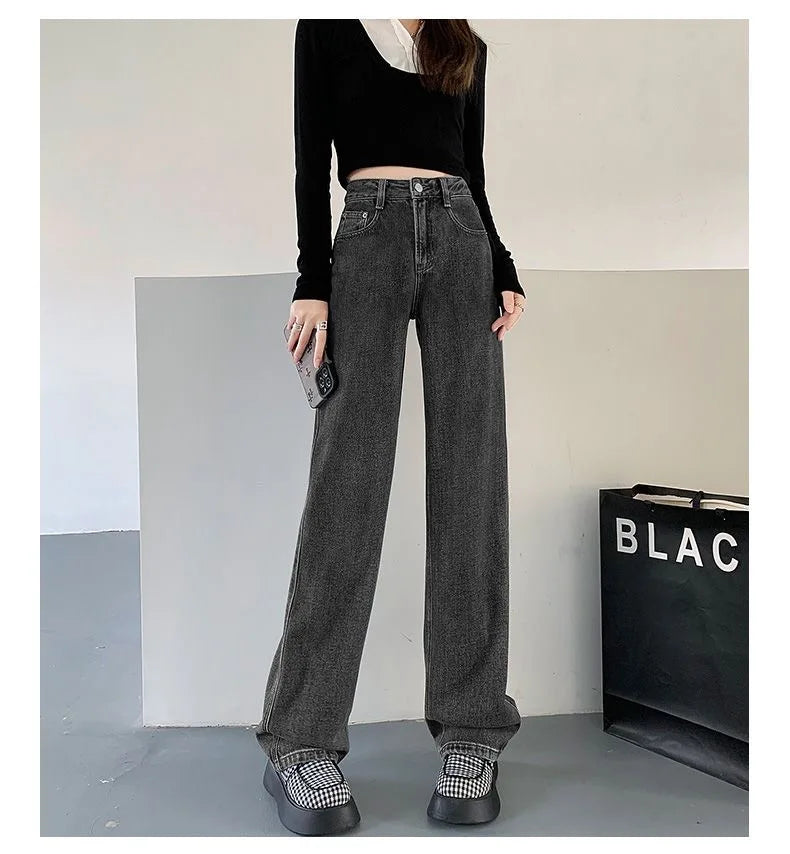 Jeans basiques pour femmes, taille haute, jambes larges, polyvalents et décontractés, nouveaux Styles d'automne et d'hiver adaptés à toutes les saisons