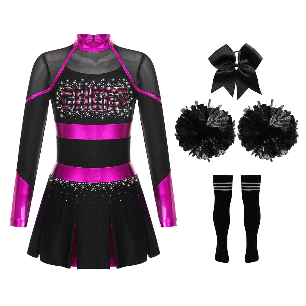 Uniformes de pom-pom girl pour enfants filles, 4 pièces, tenue de danse à l'école, paillettes brillantes, robe à épaules dénudées, déguisement de pom-pom girl de carnaval